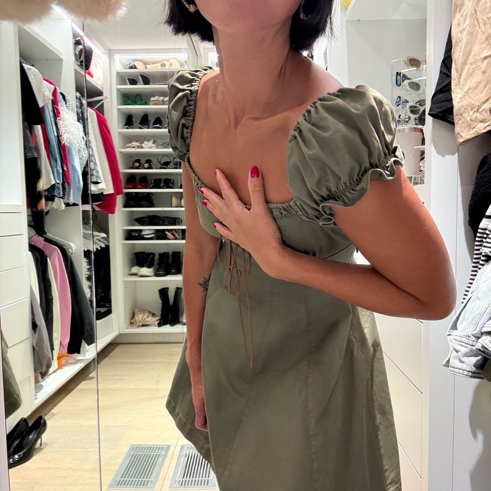 Olive Green Puff Sleeve Mini Dress Corset Style - Picture 6 of 6